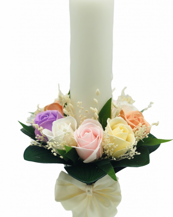 Lumanare pentru Nunta sau Botez, Personalizabila cu nume si data, 9 trandafiri sapun, floarea miresei uscata si frunze real touch, Eventissimi, 40 cm, Multicolor [3]