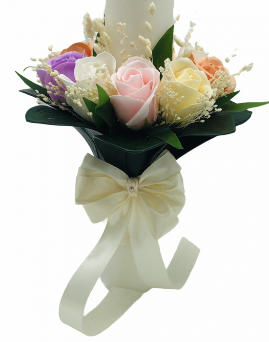 Lumanare pentru Nunta sau Botez, Personalizabila cu nume si data, 9 trandafiri sapun, floarea miresei uscata si frunze real touch, Eventissimi, 40 cm, Multicolor [2]