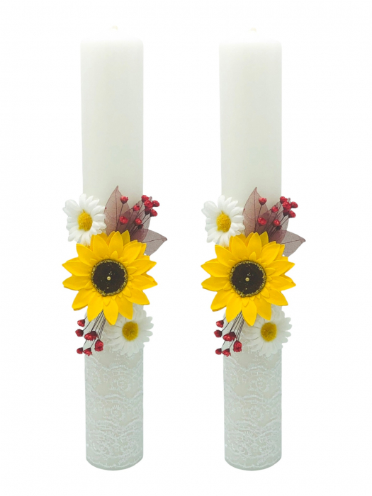 Lumanare pentru Nunta sau Botez, Personalizabila cu nume si data, cu dantela alba si flori, Eventissimi, 40 cm, Multicolor [2]