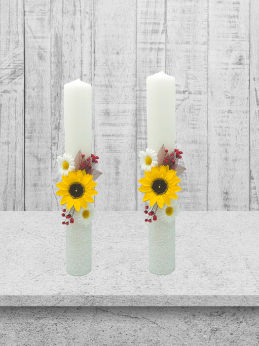 Lumanare pentru Nunta sau Botez, Personalizabila cu nume si data, cu dantela alba si flori, Eventissimi, 40 cm, Multicolor [3]