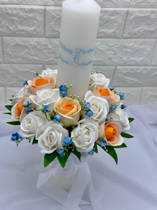 Lumanare pentru Nunta sau Botez, Personalizabila cu nume si data, trandafiri sapun si frunze real touch, Eventissimi, 40 cm, Multicolor [2]