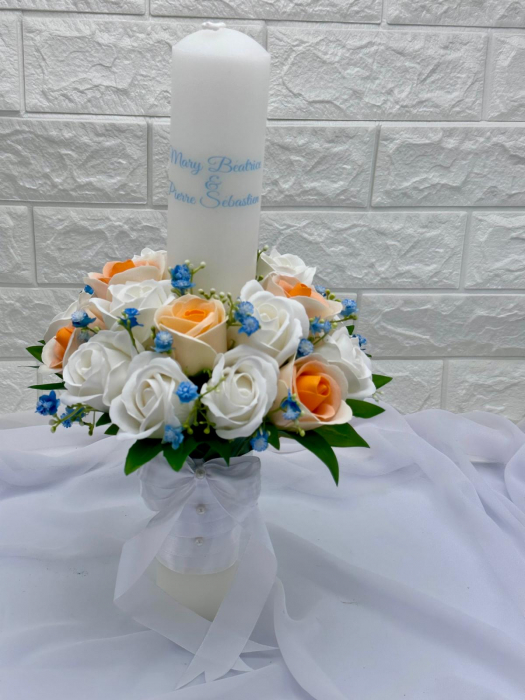 Lumanare pentru Nunta sau Botez, Personalizabila cu nume si data, trandafiri sapun si frunze real touch, Eventissimi, 40 cm, Multicolor [3]