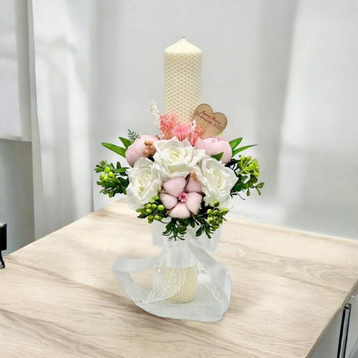 Lumanare  tip fagure pentru cununie / botez, 40 cm, cu flori din matase, bumbac si plante naturale uscate (personalizabila cromatic si cu text) [3]