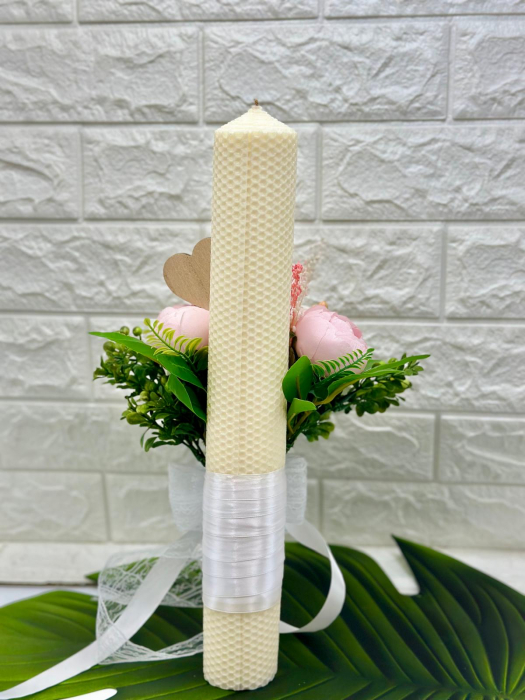 Lumanare  tip fagure pentru cununie / botez, 40 cm, cu flori din matase, bumbac si plante naturale uscate (personalizabila cromatic si cu text) [4]