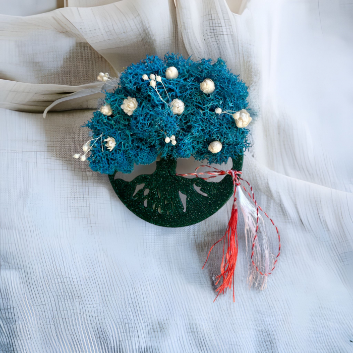 Magnet de frigider pomul vietii cu licheni si flori naturale uscate (Albastru / Verde) [2]