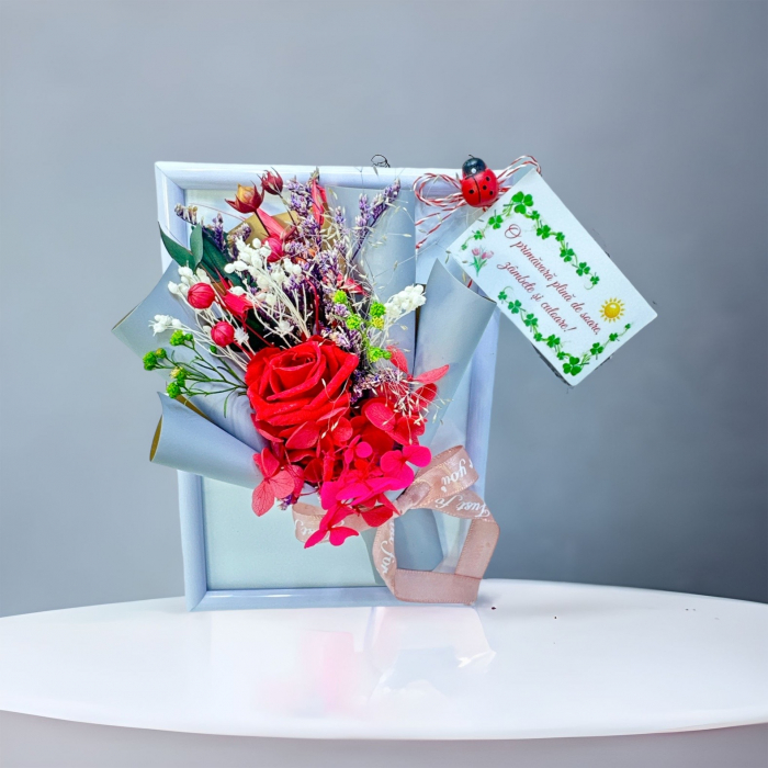 Mini aranjament floral in rama cu flori criogenate (Rosu) [2]