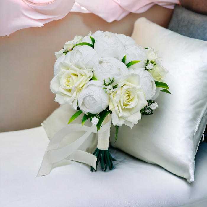 Buchet de flori mediu cu trandafiri si bujori din matase [2]
