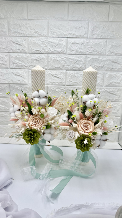Set buchet, lumanari cu trandafiri criogenati si plante naturale criogenate, lumanari tip fagure Peach Fuzz / Multicolor [3]
