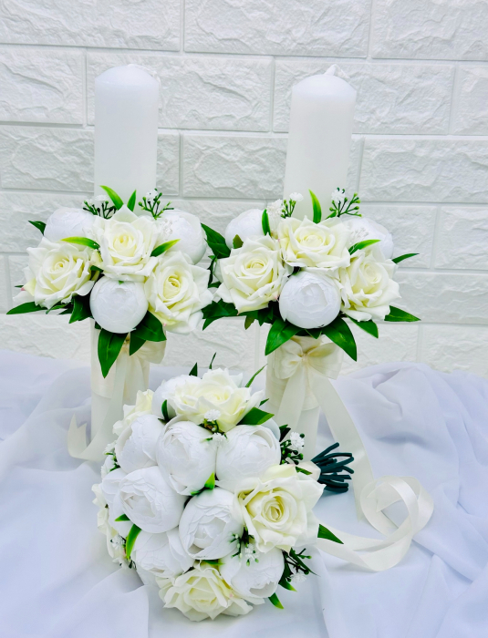 Set buchet, lumanari 40 cm cu trandafiri si bujori din matase [2]