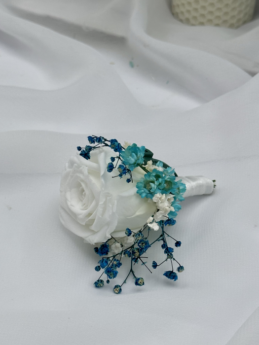 Set buchet, cocarda si lumanari cu trandafiri criogenati si plante naturale criogenate si cu lumanari tip fagure - Alb / Turquoise [3]