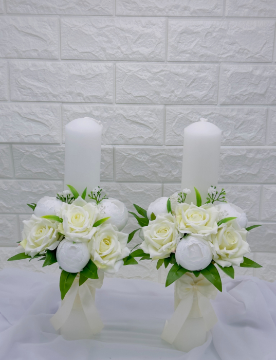 Set buchet, lumanari 40 cm cu trandafiri si bujori din matase [3]