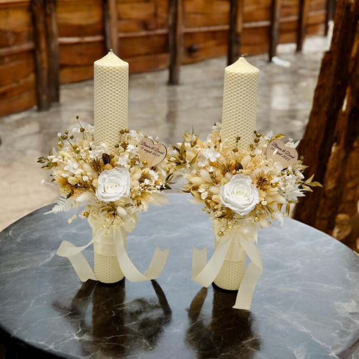 Set buchet, lumanari cu trandafiri criogenati si plante naturale uscate, lumanari tip fagure - Multicolor [2]