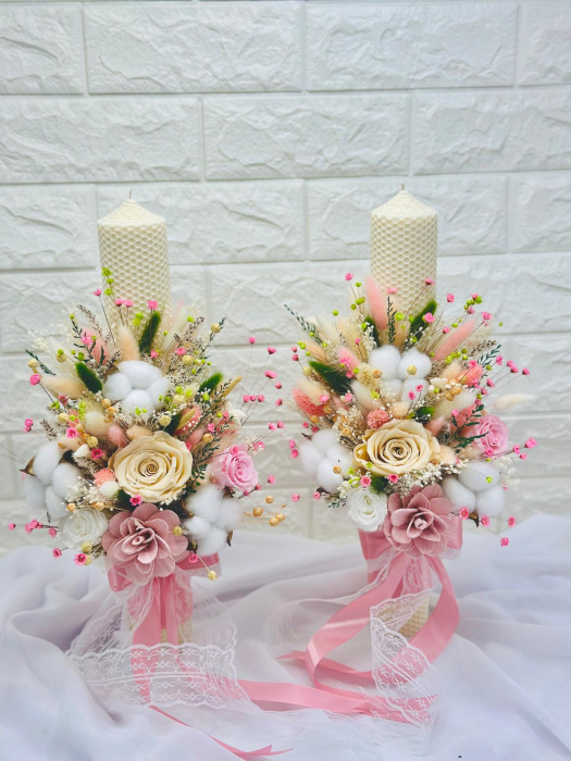 Set buchet, lumanari cu trandafiri criogenati si plante naturale uscate, lumanari tip fagure Peach Fuzz / Multicolor [2]