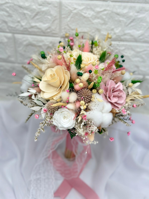 Set buchet, lumanari cu trandafiri criogenati si plante naturale uscate, lumanari tip fagure Peach Fuzz / Multicolor [3]