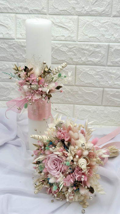 Set buchet si lumanari din parafina cu trandafir criogenat si plante naturale uscate  - Roz Multicolor [3]