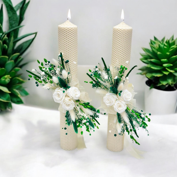 Set lumanari tip fagure si buchet cu trandafiri criogenati si plante naturale uscate si criogenate - Alb / Verde smarald [2]