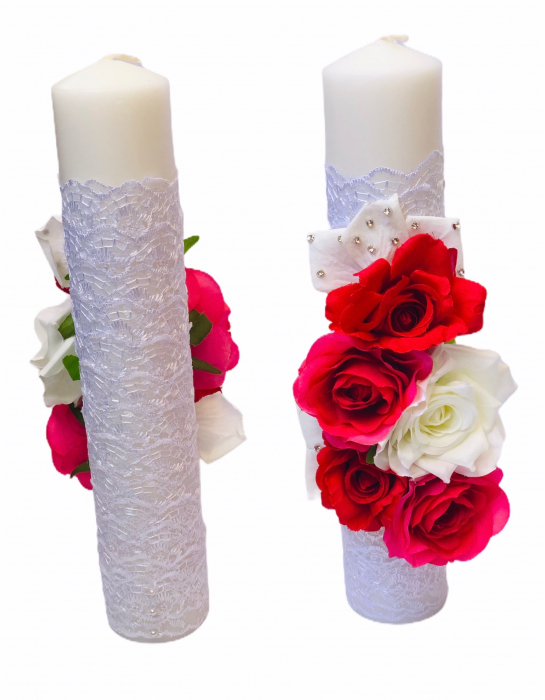 Set Lumanari nunta / botez, 30 cm, Eventissimi, alb / rosu, trandafiri matase [2]