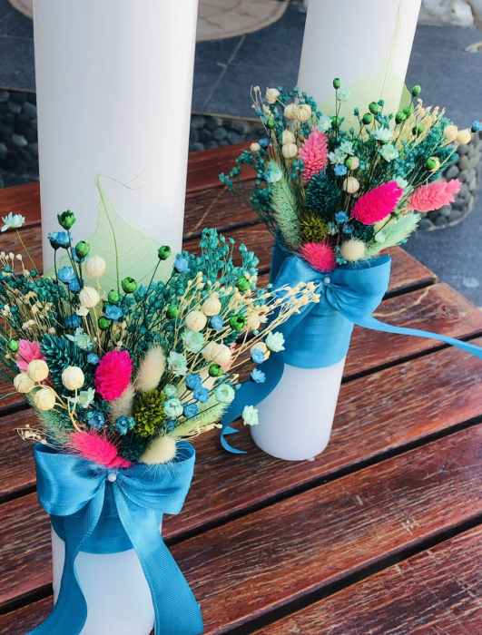 Set Lumanari pentru Nunta sau Botez, Personalizabile cu nume si data, Plante Uscate pe Frunza Fosilizata,  Aranjament Frontal, Eventissimi, 40 cm, Multicolor [5]
