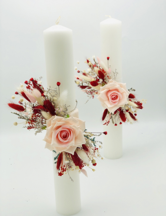 Set Lumanari pentru Nunta sau Botez, Personalizabile cu nume si data, Plante Uscate pe Frunza Fosilizata,  Aranjament Frontal, Eventissimi, 40 cm, Multicolor [4]