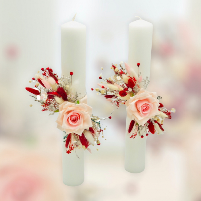 Set Lumanari pentru Nunta sau Botez, Personalizabile cu nume si data, Plante Uscate pe Frunza Fosilizata,  Aranjament Frontal, Eventissimi, 40 cm, Multicolor [2]