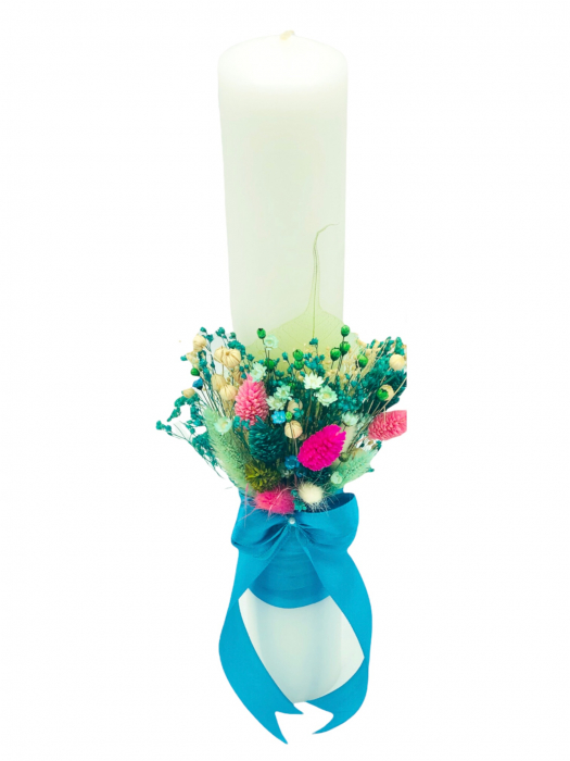 Set Lumanari pentru Nunta sau Botez, Personalizabile cu nume si data, Plante Uscate pe Frunza Fosilizata,  Aranjament Frontal, Eventissimi, 40 cm, Multicolor [2]