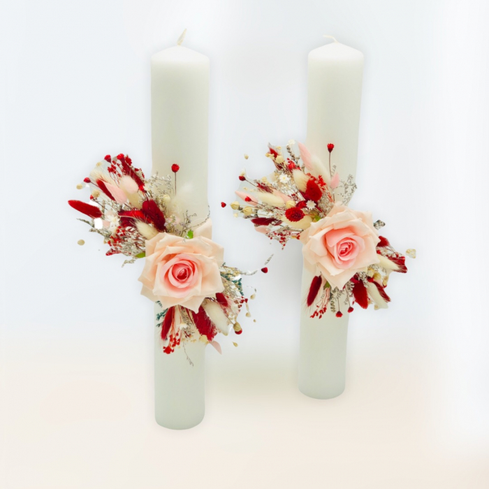 Set Lumanari pentru Nunta sau Botez, Personalizabile cu nume si data, Plante Uscate pe Frunza Fosilizata,  Aranjament Frontal, Eventissimi, 40 cm, Multicolor [3]