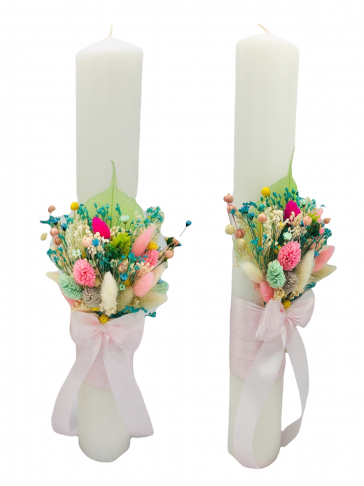 Set Lumanari pentru Nunta sau Botez, Personalizabile cu nume si data, Plante Uscate pe Frunza Fosilizata, Eventissimi, 40 cm, Multicolor, Aranjament Frontal [5]