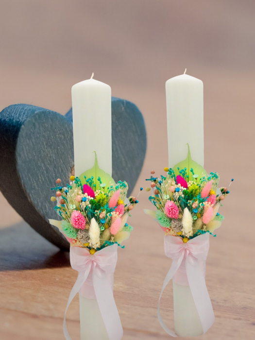 Set Lumanari pentru Nunta sau Botez, Personalizabile cu nume si data, Plante Uscate pe Frunza Fosilizata, Eventissimi, 40 cm, Multicolor, Aranjament Frontal [3]