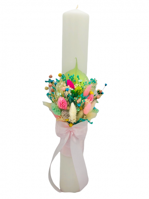 Set Lumanari pentru Nunta sau Botez, Personalizabile cu nume si data, Plante Uscate pe Frunza Fosilizata, Eventissimi, 40 cm, Multicolor, Aranjament Frontal [2]