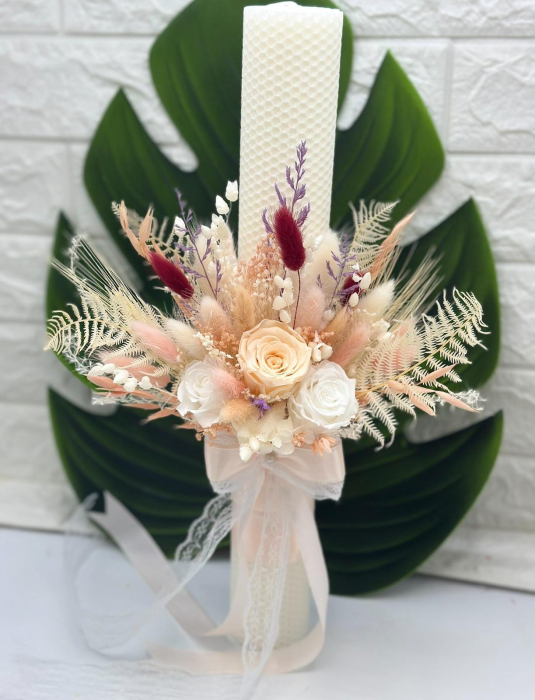 Set lumanari personalizabile,din ceara naturala, tip fagure, pentru nunta sau botez cu aranjament frontal cu trandafiri criogenati si plante naturale uscate, 40 cm [3]