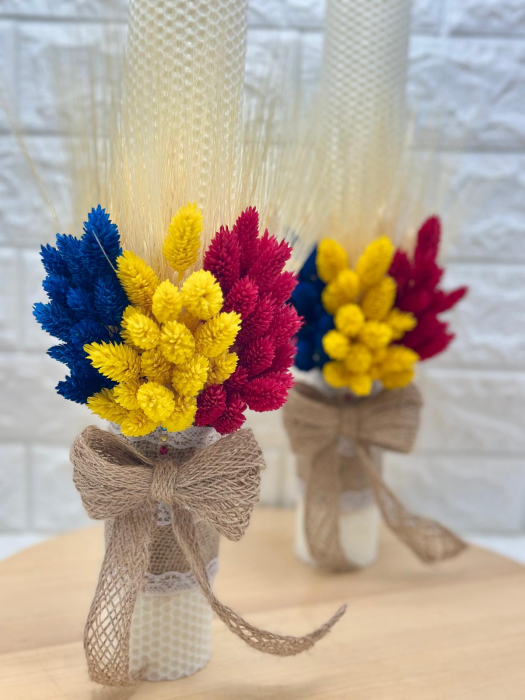 Set lumanari traditional, fagure, pentru nunta sau botez cu aranjament frontal cu plante naturale uscate, 40 cm (Tricolor) [4]