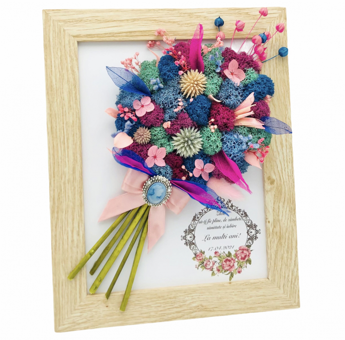Tablou cu buchet flori in rama din licheni, frunze fosilizate si plante naturale criogenate si uscate, Eventissimi, Personalizabil, Multicolor predominant roz, 19 x 24 cm [2]