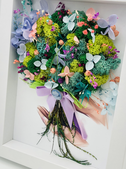 Tablou cu buchet flori in rama din licheni si plante naturale criogenate si uscate, Eventissimi, Personalizabil, Multicolor, 19 cm x 24 cm [4]