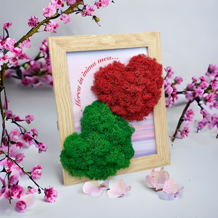 Tablou cu licheni personalizabil, inimi (Rosu/Verde) [2]