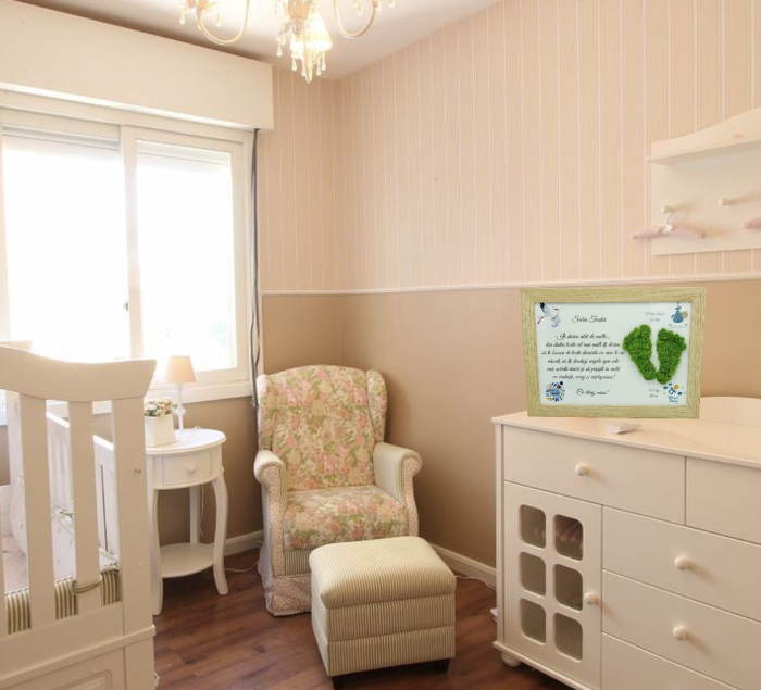 Tablou cu licheni stabilizati verzi si mesaj personalizabil pentru bebe in rama A4 crem, Eventissimi [5]