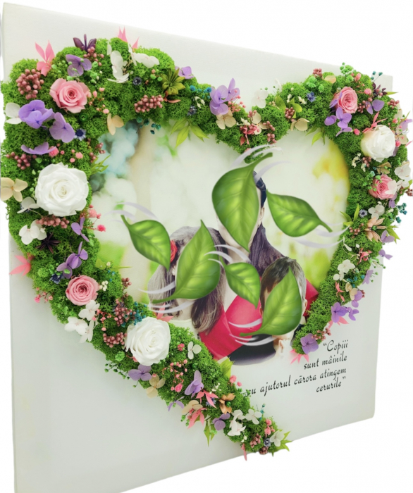 Tablou pe canvas, personalizabil cu licheni 40 cm x 40 cm cu hortensii si trandafiri criogenati si plante naturale uscate (Multicolor) [2]