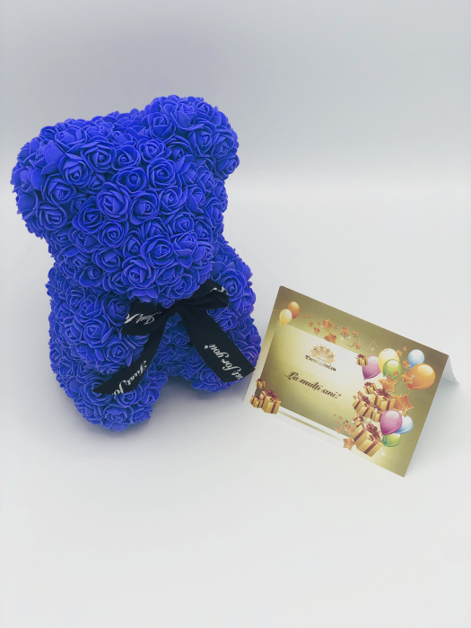Urs floral albastru, personalizabil cu felicitare personalizabila, Eventissimi, ursulet decorat manual cu trandafiri de spuma, Teddy Bear 25 cm, cutie decorativa inclusa [5]