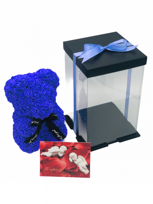 Urs floral albastru, personalizabil cu felicitare personalizabila, Eventissimi, ursulet decorat manual cu trandafiri de spuma, Teddy Bear 25 cm, cutie decorativa inclusa [2]