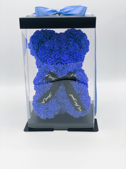 Urs floral albastru, personalizabil cu felicitare personalizabila, Eventissimi, ursulet decorat manual cu trandafiri de spuma, Teddy Bear 25 cm, cutie decorativa inclusa [3]