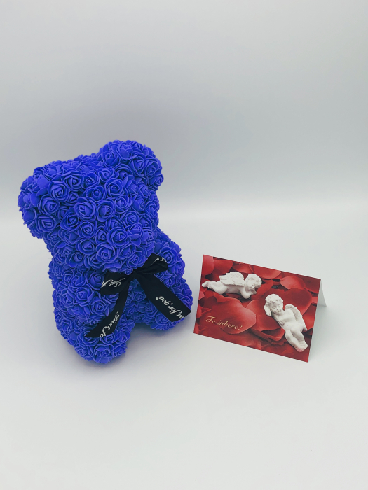 Urs floral albastru, personalizabil cu felicitare personalizabila, Eventissimi, ursulet decorat manual cu trandafiri de spuma, Teddy Bear 25 cm, cutie decorativa inclusa [6]