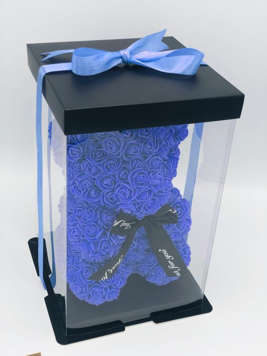 Urs floral albastru, personalizabil cu felicitare personalizabila, Eventissimi, ursulet decorat manual cu trandafiri de spuma, Teddy Bear 25 cm, cutie decorativa inclusa [4]