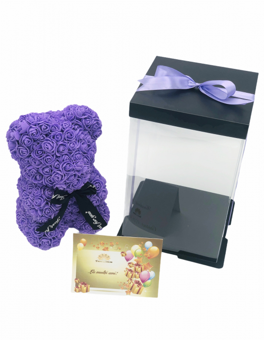 Urs floral mov, personalizabil cu felicitare personalizabila, ursulet decorat manual cu trandafiri de spuma, Teddy Bear 25 cm, cutie decorativa inclusa [1]