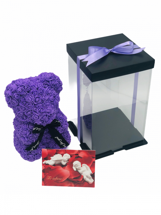 Urs floral mov, personalizabil cu felicitare personalizabila, ursulet decorat manual cu trandafiri de spuma, Teddy Bear 25 cm, cutie decorativa inclusa [2]
