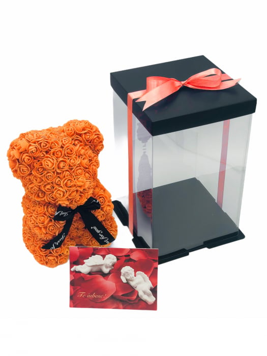 Urs floral portocaliu personalizabil cu felicitare personalizabila, ursulet decorat manual cu trandafiri din spuma, Teddy Bear 25 cm, cutie decorativa inclusa [2]