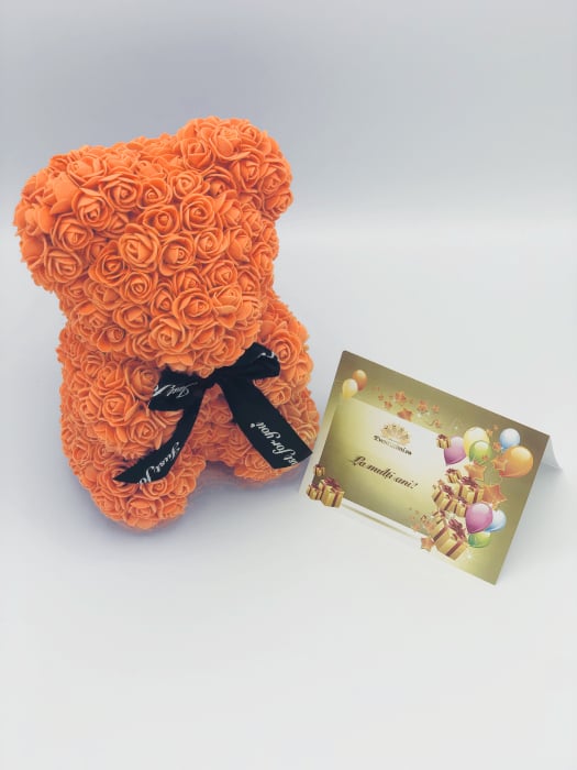 Urs floral portocaliu personalizabil cu felicitare personalizabila, ursulet decorat manual cu trandafiri din spuma, Teddy Bear 25 cm, cutie decorativa inclusa [5]