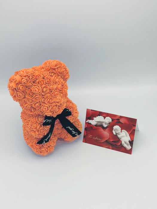 Urs floral portocaliu personalizabil cu felicitare personalizabila, ursulet decorat manual cu trandafiri din spuma, Teddy Bear 25 cm, cutie decorativa inclusa [6]