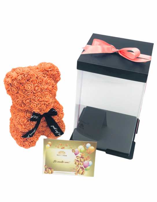 Urs floral portocaliu personalizabil cu felicitare personalizabila, ursulet decorat manual cu trandafiri din spuma, Teddy Bear 25 cm, cutie decorativa inclusa [1]