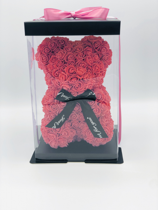 Urs floral rosu, personalizabil cu felicitare personalizabila, Eventissimi, ursulet decorat manual cu trandafiri de spuma, Teddy Bear 25 cm, cutie decorativa inclusa [3]