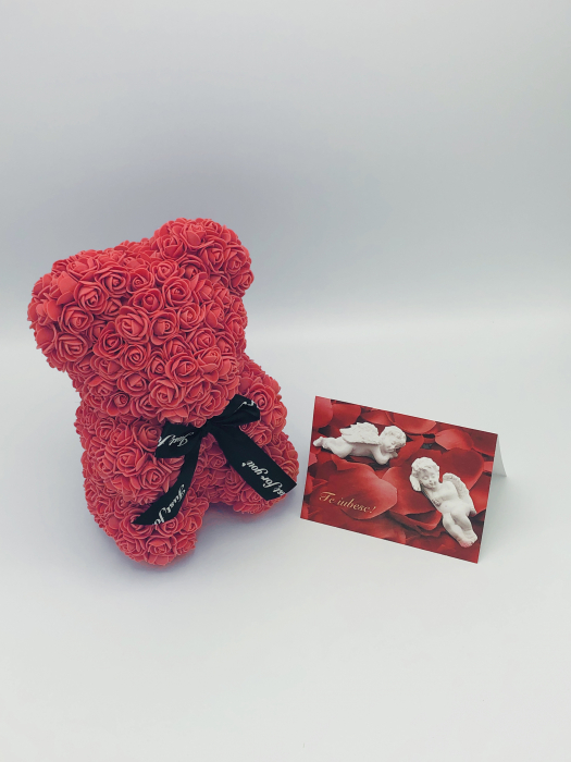 Urs floral rosu, personalizabil cu felicitare personalizabila, Eventissimi, ursulet decorat manual cu trandafiri de spuma, Teddy Bear 25 cm, cutie decorativa inclusa [6]