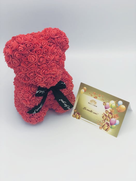 Urs floral rosu, personalizabil cu felicitare personalizabila, Eventissimi, ursulet decorat manual cu trandafiri de spuma, Teddy Bear 25 cm, cutie decorativa inclusa [4]